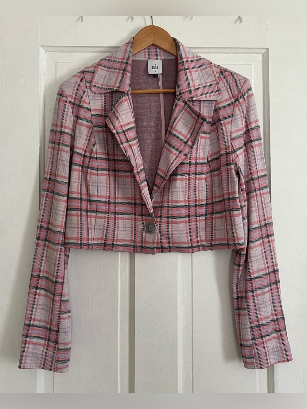 CAbi Blazer Women's Medium Pink Playdate Cropped Style 6257 Plaid Y2K